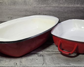 Vintage Red Enamel Roaster Pan, Polish Multipurpose Cookware (17 x 9 x 6 inches)