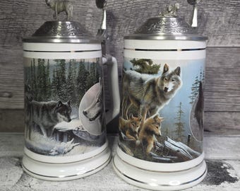 Pair of Classic Wolf Beer Steins / Tankards