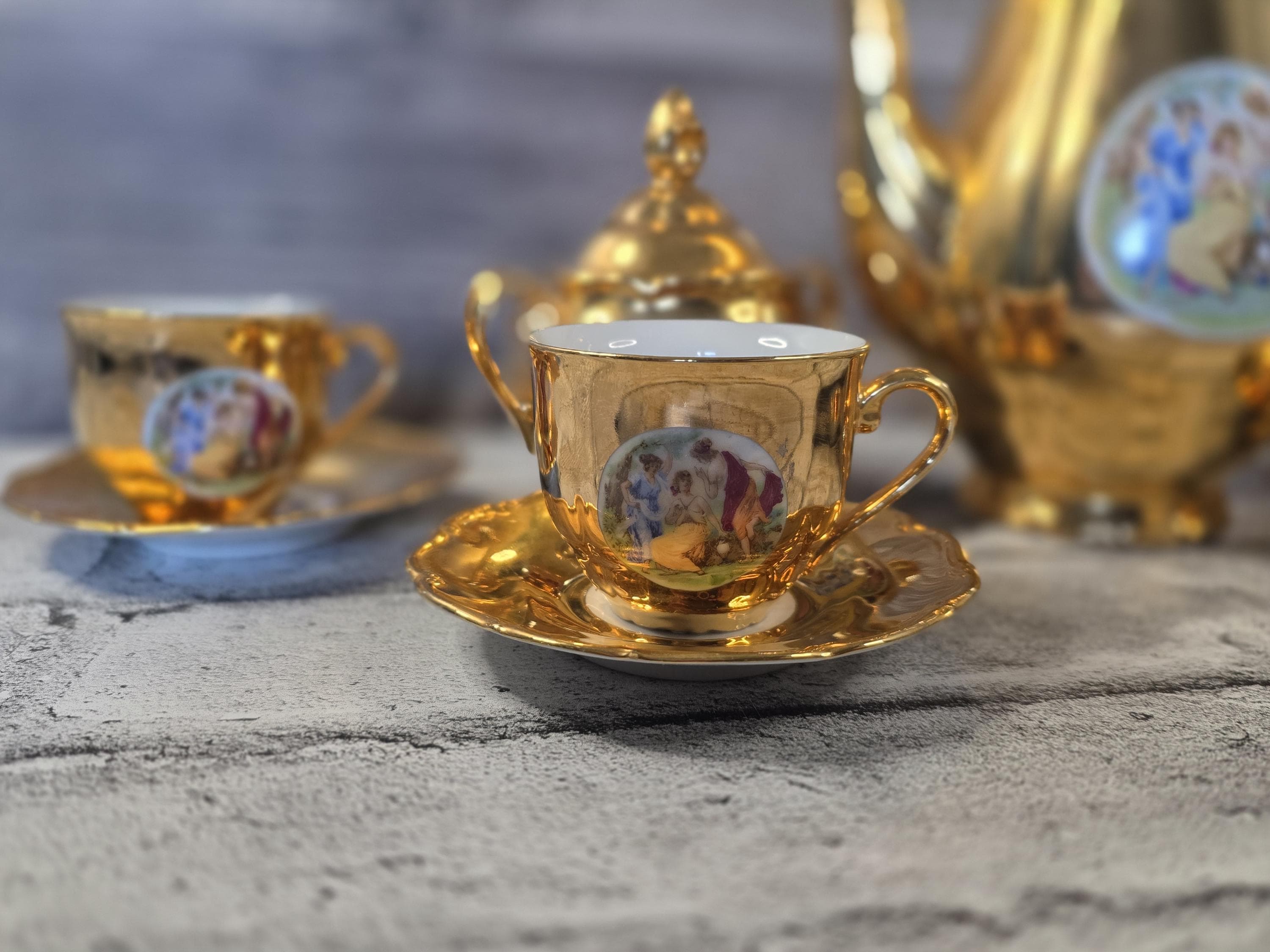 Czechoslovakian Vintage Gold Haas & Czjzek Style Porcelain Tea Set