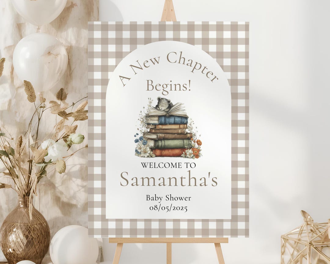 A New Chapter | Brown Gingham | Storybook Themed Baby Shower Welcome ...