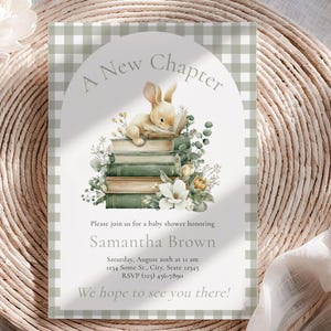 May include: Baby shower invitation featuring a watercolour illustration of a bunny on books. The invitation includes the text "A New Chapter" and event details, set against a green and white gingham pattern.