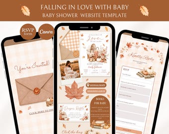 May include: A digital baby shower website template featuring a fall theme with autumn leaves, pumpkins, and a plaid background. The screens display text including "Falling in Love with Baby," "You're Invited," "Kindly Reply," and "Diaper Raffle."