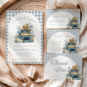 May include: A set of baby shower stationery featuring a blue and white gingham border and an arched center panel. Each card displays a watercolor illustration of a teddy bear sitting on a stack of books surrounded by blue and yellow flowers.