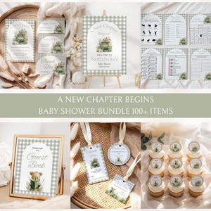 May include: A baby shower stationery bundle featuring a green and white gingham pattern and watercolor illustrations of a teddy bear reading a book. Includes invitations, signs, games, tags, and cupcake toppers with the text A New Chapter Begins.