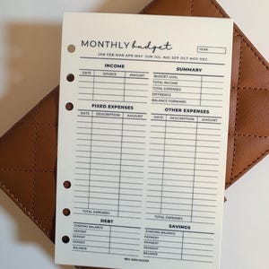 May include: A white monthly budget planner sheet with a black grid layout, featuring sections for income, fixed expenses, and savings. The planner is set on a brown, quilted leather wallet.