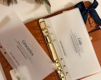 May include: A brown leather binder with gold-colored rings, open to reveal clear plastic inserts labeled "Groceries" and "Gas Out." The binder has a black ribbon and a small card. Text includes "feeding my home and soul" and "fueling my day-to-day."