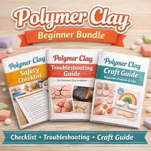 May include: A beginner polymer clay bundle featuring three books: "Safety Checklist", "Troubleshooting Guide", and "Craft Guide". The books have colorful covers and are arranged on a wooden surface. The text "Polymer Clay Beginner Bundle" is displayed above.