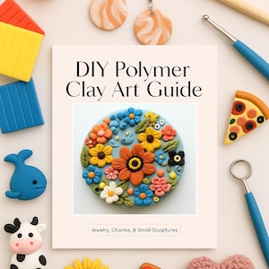 Könnte beinhalten: Ein DIY-Polymer-Ton-Kunstführer mit verschiedenen Polymer-Ton-Kreationen. Das Bild enthält einen Kürbis, Ohrringe, ein Pizzastück, einen Wal, eine Kuh, eine Sonnenblume, ein Herz und andere kleine Skulpturen. Der Leitfaden ist für Schmuck, Charms und kleine Skulpturen.