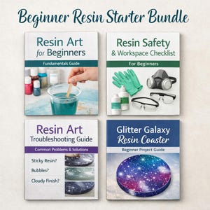 以下が含まれることがあります： 4冊の樹脂アートブックのセットです。「Resin Art for Beginners」、「Resin Safety & Workspace Checklist」、「Resin Art Troubleshooting Guide」、「Glitter Galaxy Resin Coaster」が含まれています。樹脂アート用品や完成したプロジェクトの写真が掲載されています。