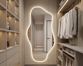 Asymmetrische passpiegel met achtergrondverlichting, led-verlichte wandspiegel voor hal, modern slaapkamerdecor