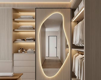Asymmetrische led-spiegel over volledige lengte, grote wandspiegel met achtergrondverlichting, modern slaapkamerdecor