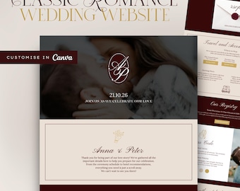 Burgundy Wedding Website Canva Template: Romantic Classic Elegant Design (Digital Download)
