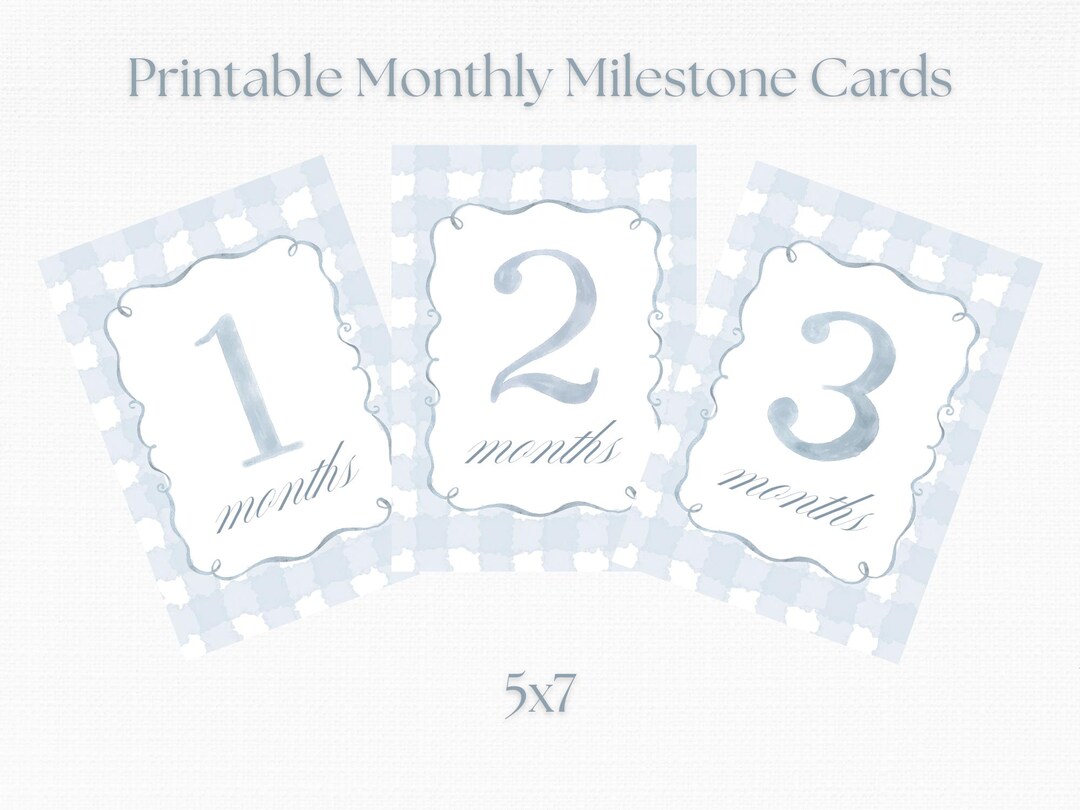 Blue Gingham Baby Boy Milestone Cards | Watercolor Milestone | Digital ...