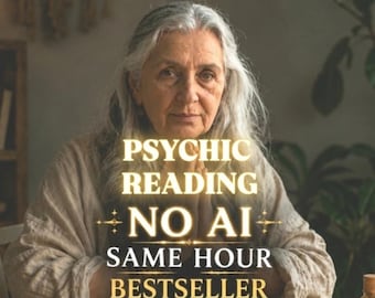 Può includere: Una persona anziana con lunghi capelli grigi siede a un tavolo di legno con carte dei tarocchi, piccole bottiglie di vetro e un cristallo. Il testo sovrapposto recita: PSYCHIC READING, NO AI, SAME HOUR, BESTSELLER, +30 YEARS EXPERIENCE.