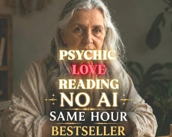 May include: An older person with long gray hair sits at a wooden table with tarot cards, amber glass bottles, and a purple crystal. Text reads: PSYCHIC LOVE READING NO AI SAME HOUR BESTSELLER +30 YEARS EXPERIENCE. The person wears a beige linen shirt.