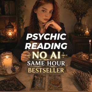 Könnte beinhalten: Eine Person mit rotem Haar sitzt an einem Tisch mit Tarotkarten, Kerzen und Büchern. Der Text lautet: PSYCHIC READING NO AI SAME HOUR BESTSELLER. Die Szene zeigt eine Hohepriesterin-Karte, eine Rad des Schicksals-Karte und einen dunkel gestreiften Blazer.
