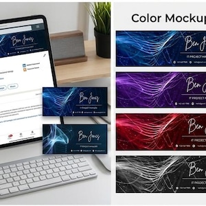 May include: A digital LinkedIn banner template featuring an abstract blue wave design with the name Ben Jones and the title IT Project Manager. The set includes multiple color variations, editable text fields, and a guide for editing in Canva.