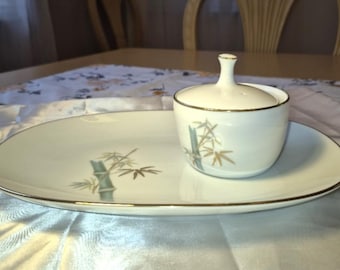 Noritake Oriental Bamboo Serving Platter and Matching Sugar Bowl with Gold Trim