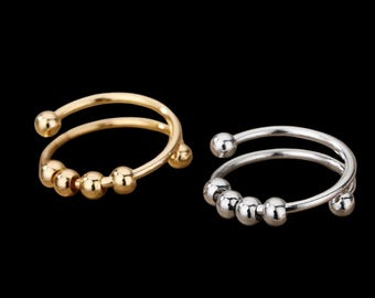 Beaded Anxiety Ring, Mindfulness Fidget Ring, Adjustable Stainless Steel Spinner Ring, Stress Relief Jewelry, Minimalist, With gift Pouch