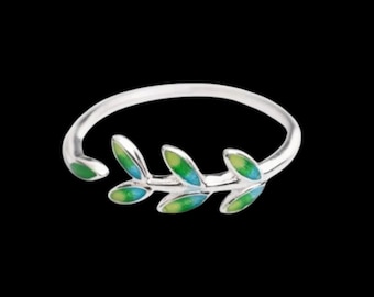Sterling Silver Leaf Ring: Green Blue Enamel, Nature Jewellery, Gift for her, Gift Pouch