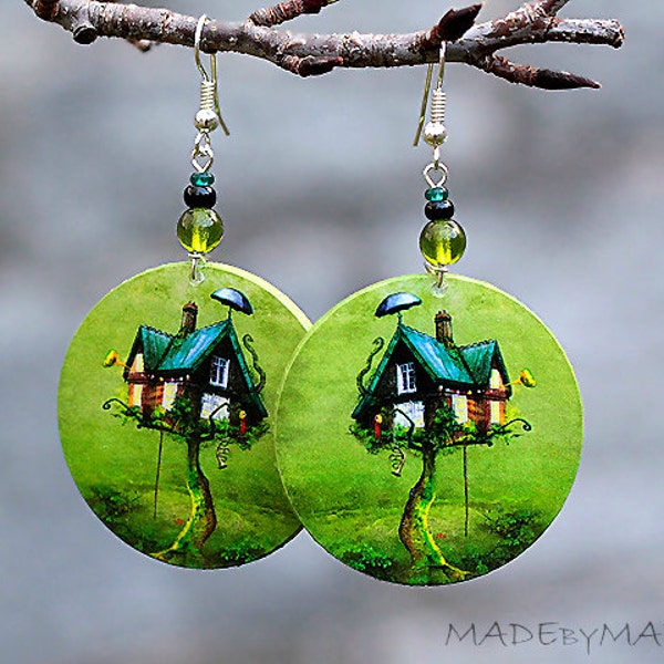 Whimsy TreeHouse Earrings Blue Wearing Art 2-sided  Round Jewelry, diameter 4cm (1,57 inch) , Limited Edition