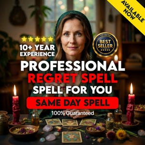 May include: An image featuring a woman with text that reads "PROFESSIONAL REGRET SPELL SPELL FOR YOU" and "SAME DAY SPELL". The image includes candles, tarot cards, and the words "10+ YEAR EXPERIENCE" and "100% Guaranteed".