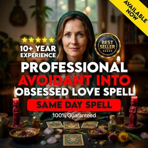 Puede incluir: Imagen con una mujer y texto que dice "PROFESSIONAL AVOIDANT INTO OBSESSED LOVE SPELL". La imagen también incluye texto que dice "10+ YEAR EXPERIENCE", "SAME DAY SPELL" y "100% Guaranteed". Hay velas, cartas del tarot y botellas sobre la mesa.