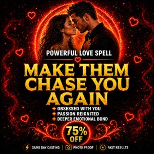 Op de afbeelding: Een digitale advertentie met een rood en goud thema. Het toont een stel in een romantische omhelzing, omringd door harten en gloeiende effecten. Tekst luidt "POWERFUL LOVE SPELL" en "MAKE THEM CHASE YOU AGAIN."