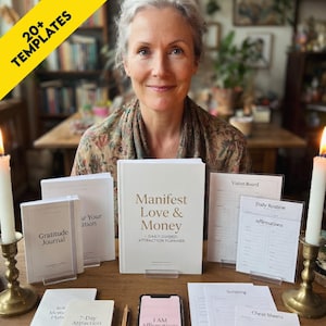 May include: A woman smiles behind a collection of white journals and planners. The central book reads "Manifest Love & Money." Other items include a "Gratitude Journal" and sheets for affirmations and vision boards. A yellow banner reads "20+ TEMPLATES."
