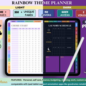 May include: A digital rainbow theme planner displayed on a tablet screen, featuring a light-mode chore chart on the left and a dark-mode laundry schedule on the right. A white stylus rests diagonally across the screen, which includes hyperlinked tabs.