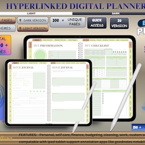 May include: A hyperlinked digital planner displayed on two tablet screens with a white stylus. The interface shows a movie journal, pet information, and pet checklist pages with green accents. Text includes 1000 pages, 16 themes, and 300 unique pages.