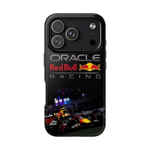 May include: Black phone case with the Oracle Red Bull Racing logo and a Formula 1 race car image. The case has a carbon fibre texture and the words "ORACLE Red Bull RACING" are printed on the top.