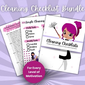 May include: A bundle of cleaning checklists with a purple and white theme. The title "Cleaning Checklist Bundle" is at the top. The checklists include daily and weekly tasks. The cover features a cartoon character with a feather duster and the text "Cleaning Checklists".