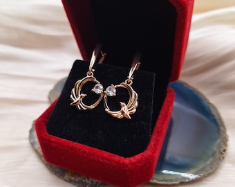 Pendientes de lujo 585er Laminado en oro rosa laminado en oro forma redonda pájaro con cristal de circón 585 RG Sello regalo para ella Elegante