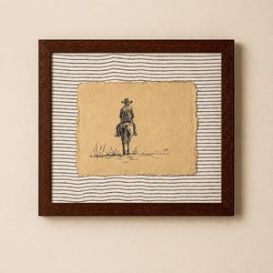 Oryginalny szkic kowboja w ramce Pottery Barn 11x13 | Sztuka inspirowana stylem westernu Ralpha Laurena | Oprawiona dekoracja rancza | Oryginalne dzieło sztuki w stylu vintage