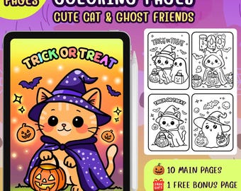 Könnte beinhalten: Digitale Malvorlagen zum Thema Halloween. Das Cover zeigt eine Cartoon-Katze mit Hexenhut und Umhang, die einen Kürbis-Laterne hält. Der Text lautet "Trick or Treat". Enthält 10 Hauptseiten und 1 Bonusseite.