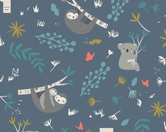 LAMINATED cotton fabric - Joey Koala Sloth Navy (sold continuous by the half yard) Food Safe Fabric, BPA free