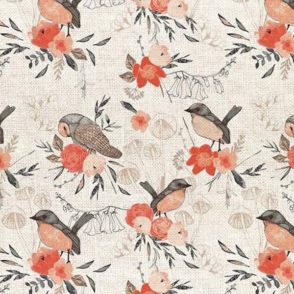 Barkcloth NOT LAMINATED Birch Fabrics A Walk in the Woods by Lisa Dolson : Birds Beige