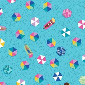 Sunshine Blvd Umbrella Aqua * - LAMINATED Cotton Fabric - Riley Blake