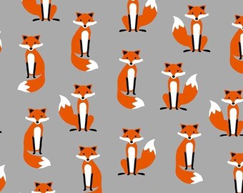 18 x 20 LAMINATED cotton fabric - Small fox on gray, BPA free, Food Safe