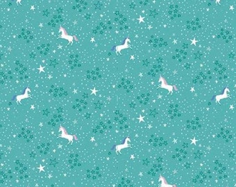 My Unicorn Starry Night Teal - LAMINATED Cotton Fabric - Riley Blake