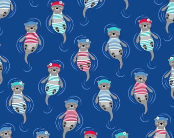 Sea Otters Blue * Wide Width - LAMINATED Cotton Fabric - Robert Kaufman