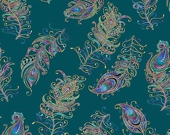 Peacock Flourish Floating Flowers Dark Teal - LAMINATED Cotton Fabric - Benartex