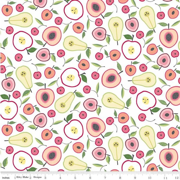 Orchard Fruit Halves White * LAMINATED Cotton Fabric - Riley Blake