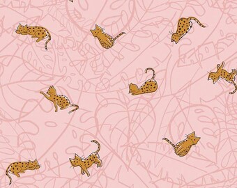 Leafy Keen Cats Pink * - LAMINATED Cotton Fabric - Riley Blake