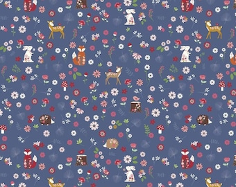 Enchanted Meadow Forest Friends Denim * - LAMINATED Cotton Fabric - Riley Blake