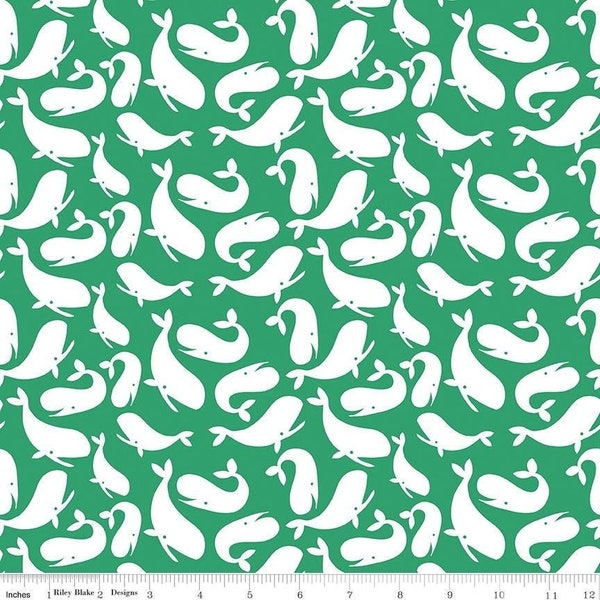 Ahoy! Mermaids Whales Green * - LAMINATED Cotton Fabric - Riley Blake