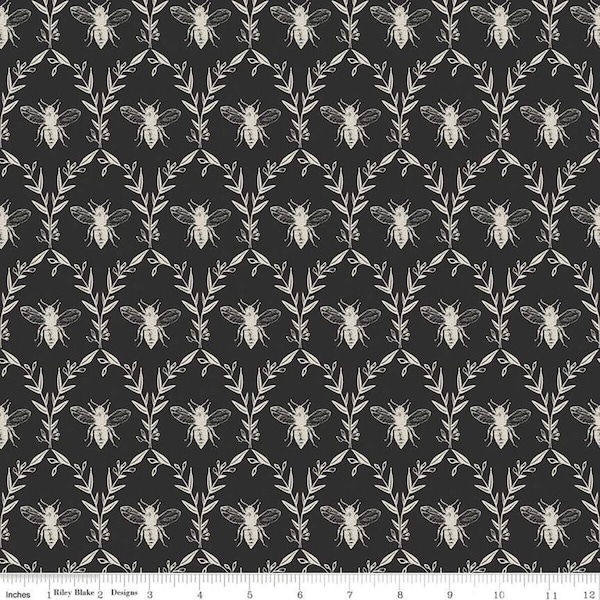 Honey Bee Damask Black * - LAMINATED Cotton Fabric - Riley Blake