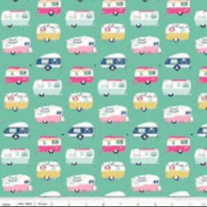 I'd Rather Be Glamping Campers Mint - LAMINATED Cotton Fabric - Riley Blake