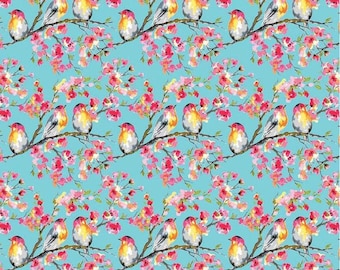 Sweet Melody Birds Blue - LAMINATED Cotton Fabric - Riley Blake